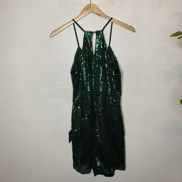 New Lulus Hilaria Sequin Green Mini Dress V-neck Asymmetric NYE Women’s Medium - Picture 4 of 6